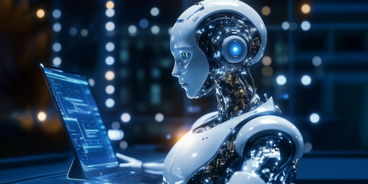 AI automation for small business showing an advanced AI robot working on a laptop to automate workflows and improve business efficiency