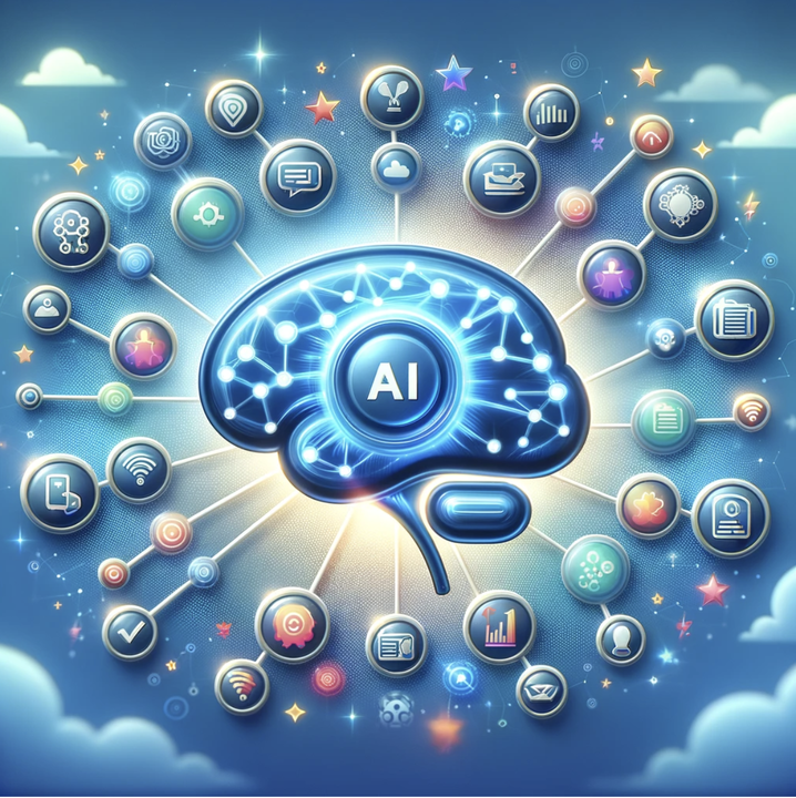 Free AI tools for marketing represented by an AI brain connected with digital marketing, automation, and analytics icons