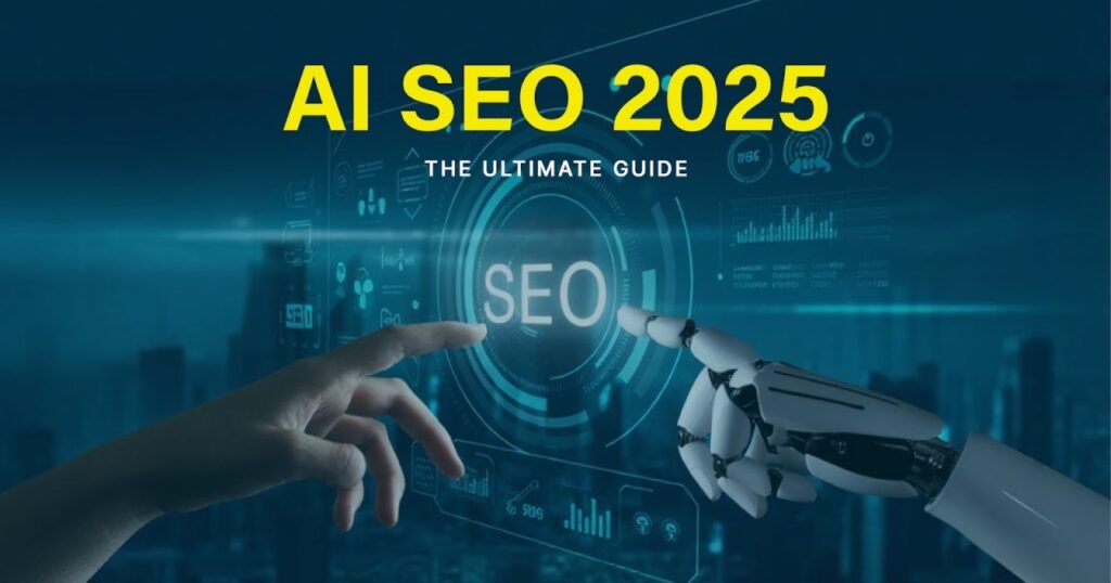 AI SEO Tools Visibility Optimization concept showing human and robotic hands interacting with digital SEO interface for 2025