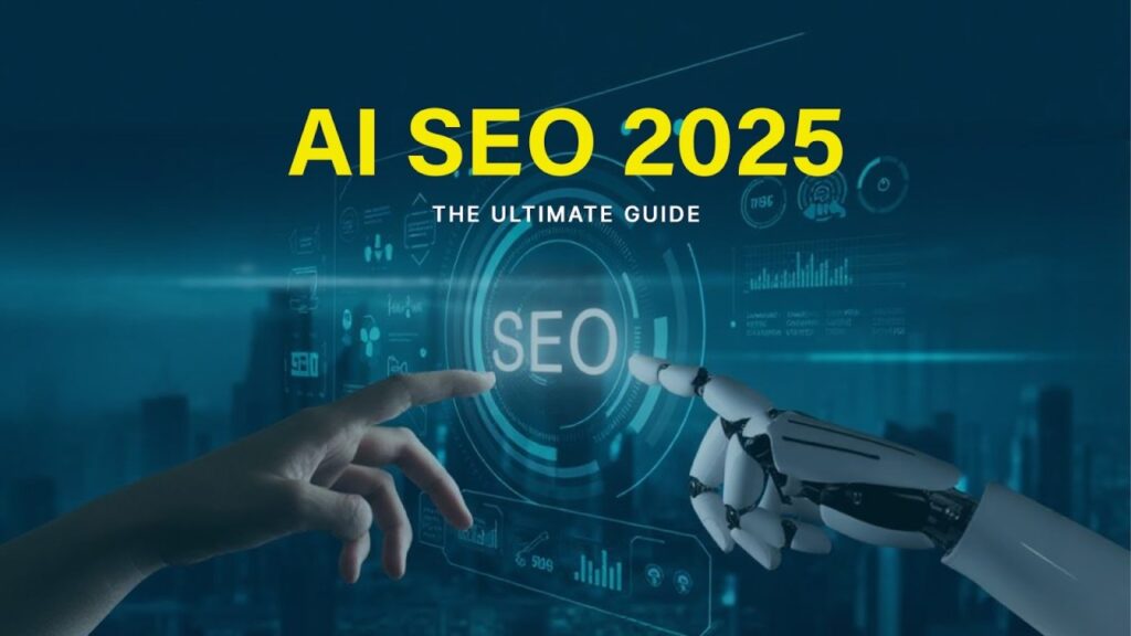 "AI SEO 2025 ultimate guide illustration showing human and robot hands interacting with digital SEO interface, representing the best SEO strategies for AI visibility tools."