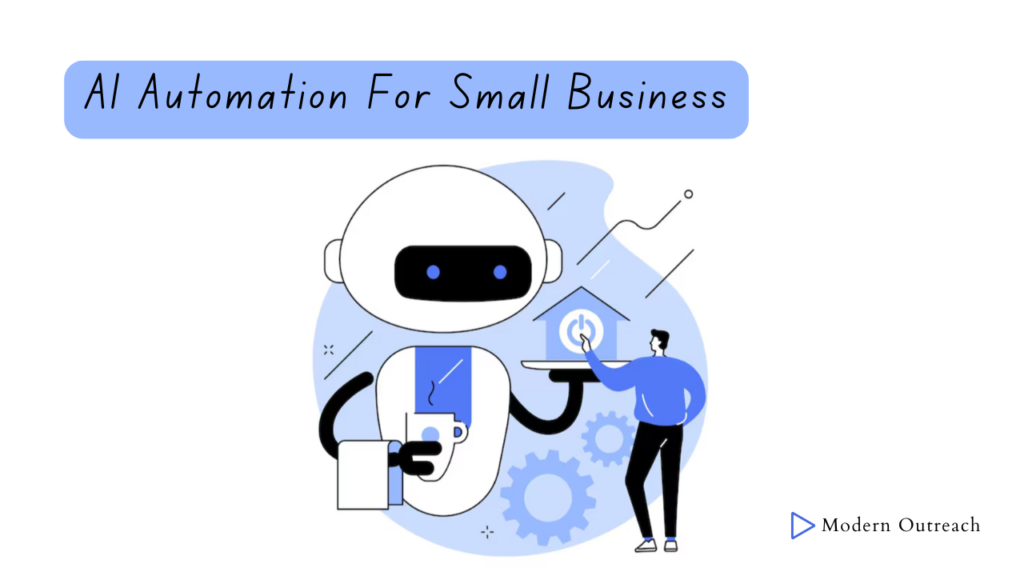 AI automation for small business illustrated with a smart AI robot assisting a business owner, showcasing automated workflows and digital business solutions