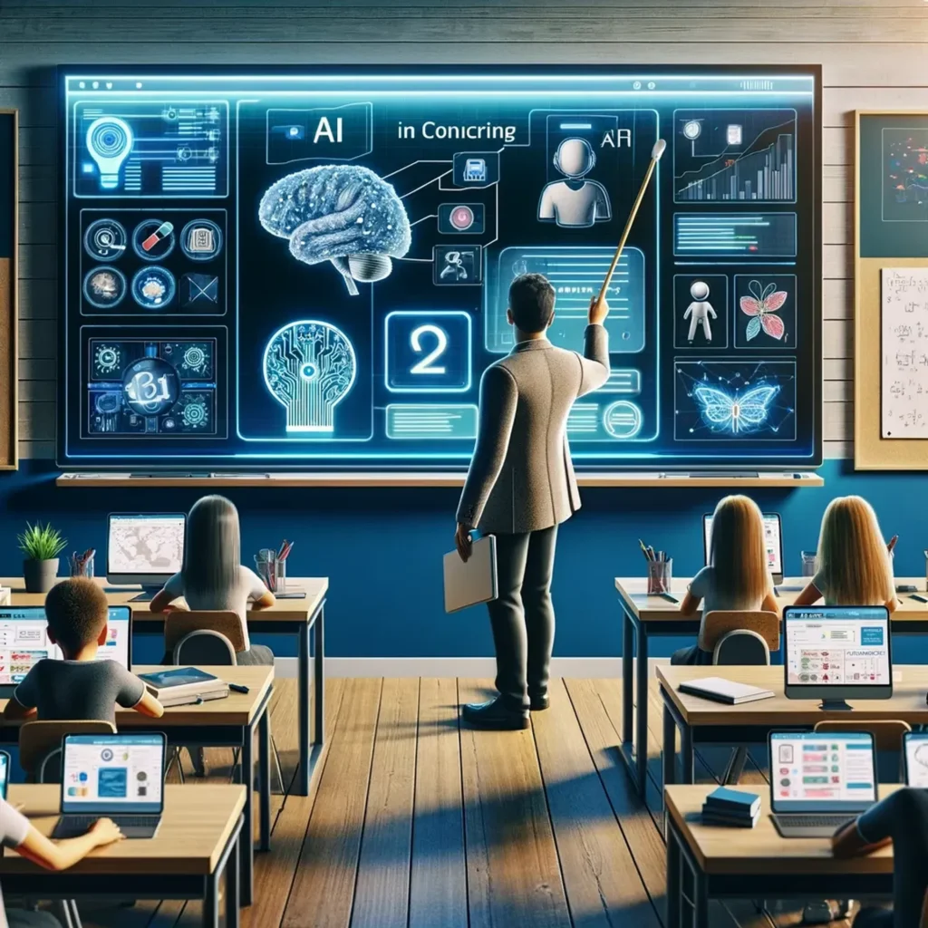 AI tools for teachers transforming classrooms as an educator uses a smart board with artificial intelligence to teach students