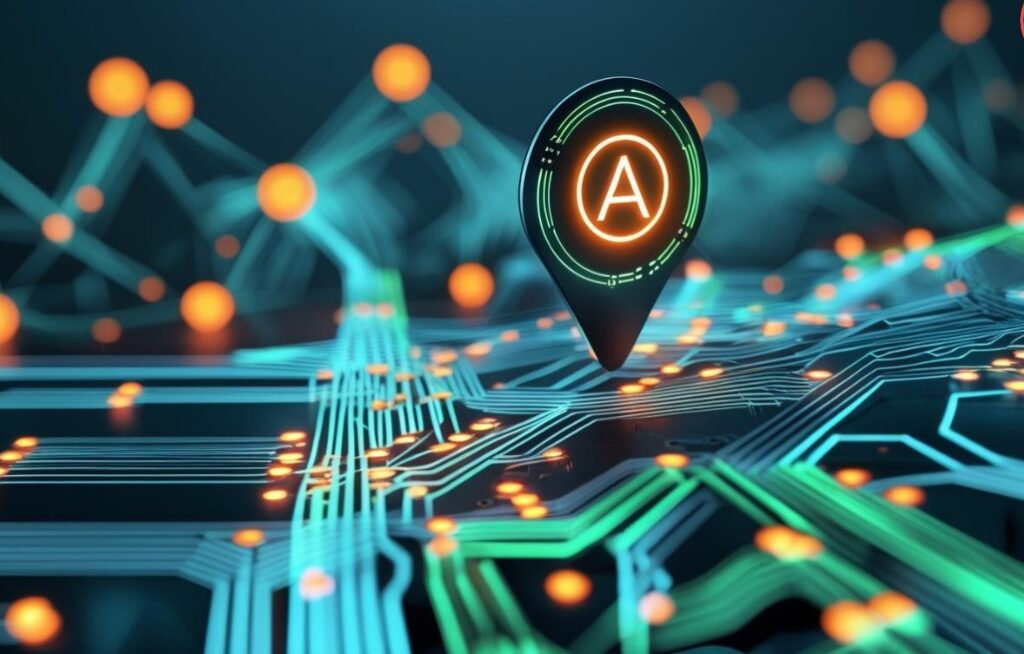 AI automation for small business illustrated with digital automation map, smart technology nodes, and artificial intelligence workflow visualization