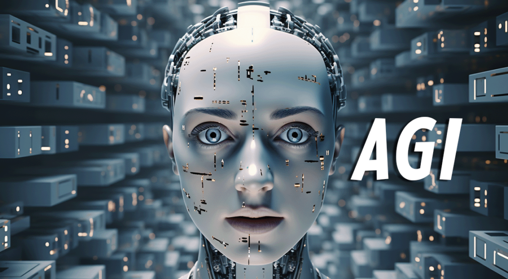 What is AGI in AI illustrated with a futuristic humanoid robot face representing Artificial General Intelligence”
