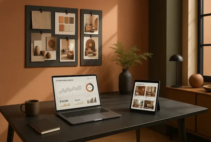 AI marketing tools for interior design business workspace showing analytics dashboard and digital design portfolio