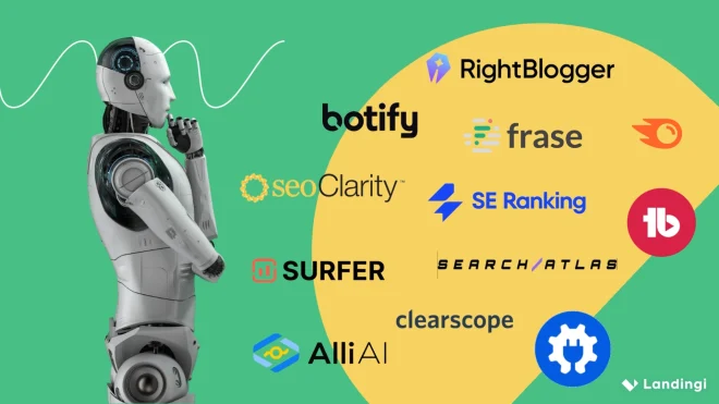 "AI SEO tools comparison image showing top AI SEO platforms like Surfer, Frase, Botify, Clearscope, SE Ranking, and more with a robot illustration"