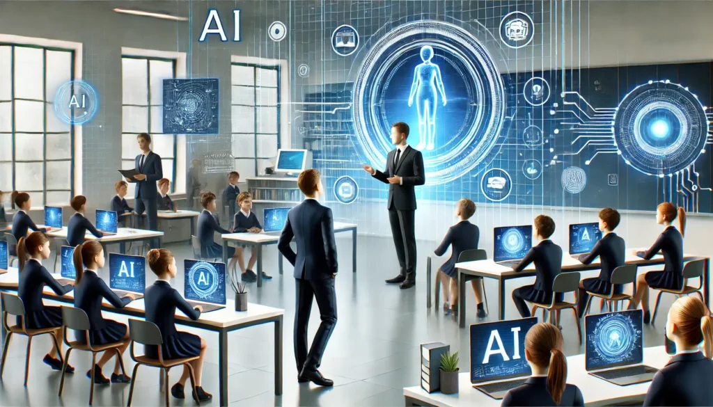 AI tools for teachers being used in a futuristic classroom where educators teach students with artificial intelligence and smart learning systems