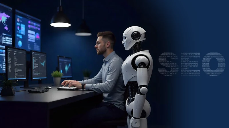 Best AI for Blog Writing in 2025 showing a human content writer working alongside an AI robot to create SEO-optimized blog content on a modern workstation