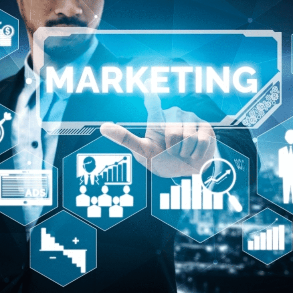 Free AI tools for marketing showing digital marketing dashboard, analytics, ads, and business growth insights