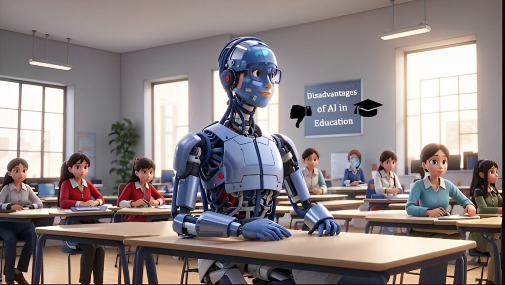 Disadvantages of AI in education showing a robot teacher in a classroom highlighting lack of human interaction