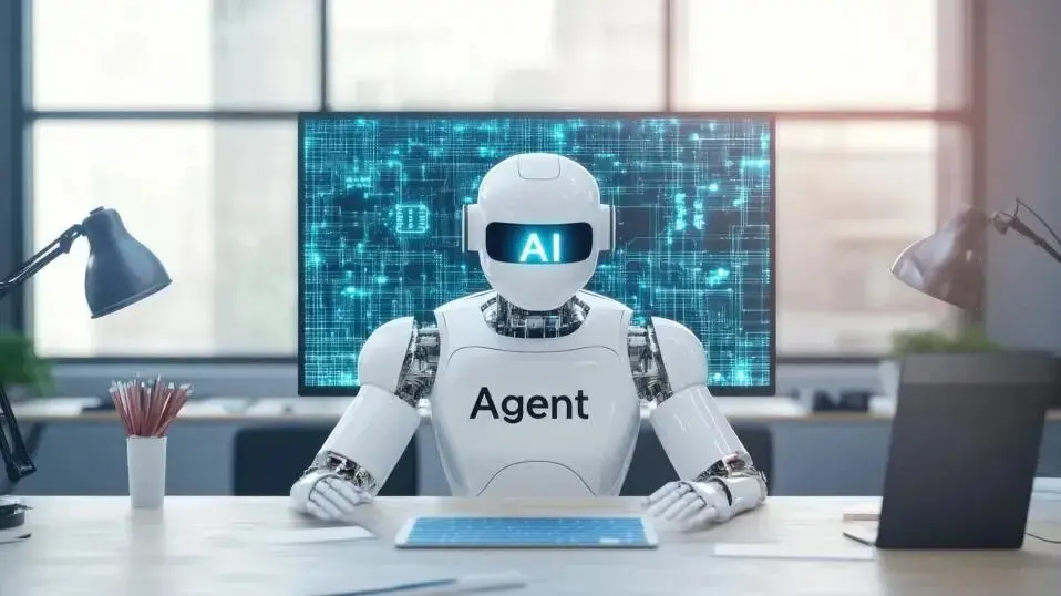 What is an AI agent – humanoid artificial intelligence agent working at a desk with digital interface and futuristic technology