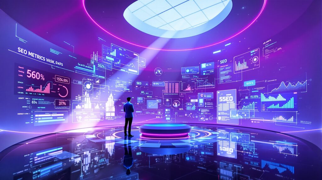 AI SEO Tools Visibility Optimization showing advanced analytics dashboards and real-time SEO performance data powered by artificial intelligence