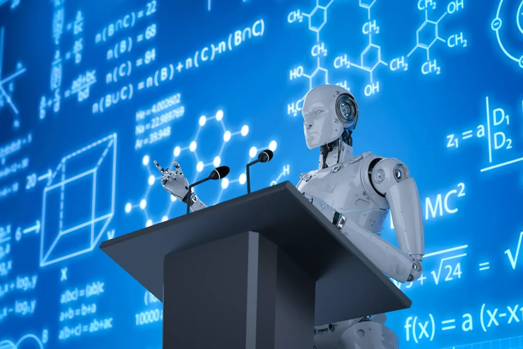 Pros and Cons of AI in Education illustrated by an artificial intelligence robot teaching with digital formulas and smart learning technology
