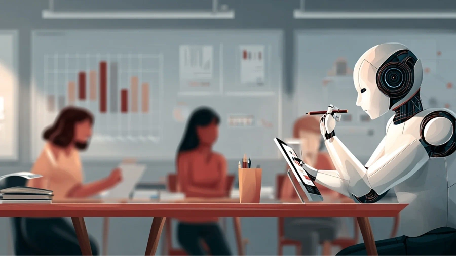 Pros and Cons of AI in Education showing an artificial intelligence robot assisting students with digital learning in a modern classroom