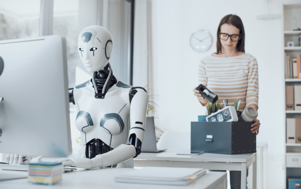 Disadvantages of AI in education shown by a robot working in an office while a human teacher is being replaced