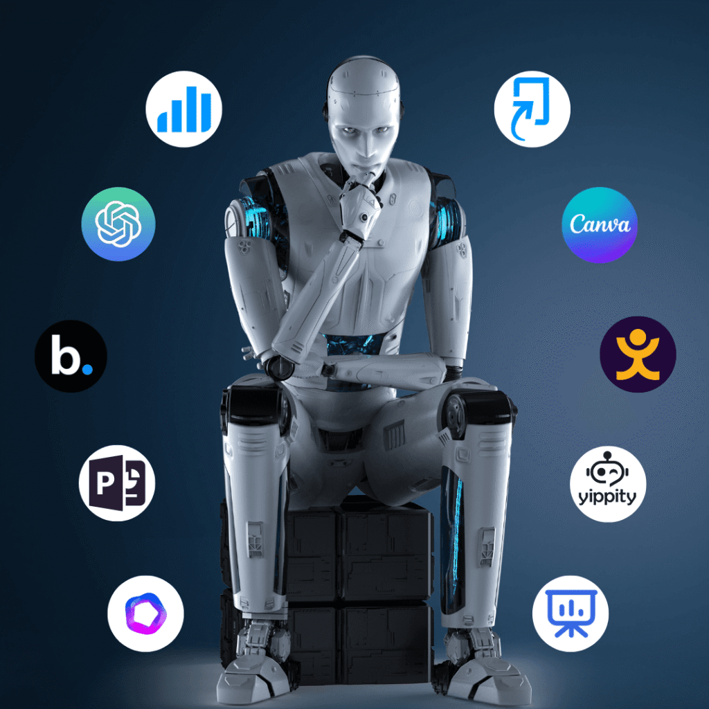 AI tools for teachers showing a humanoid robot surrounded by popular AI education and presentation tools for modern classrooms