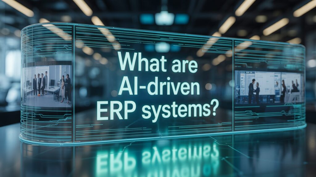 Futuristic digital display showing the question “What are AI-driven ERP systems?” with business professionals and technology interfaces in the background.