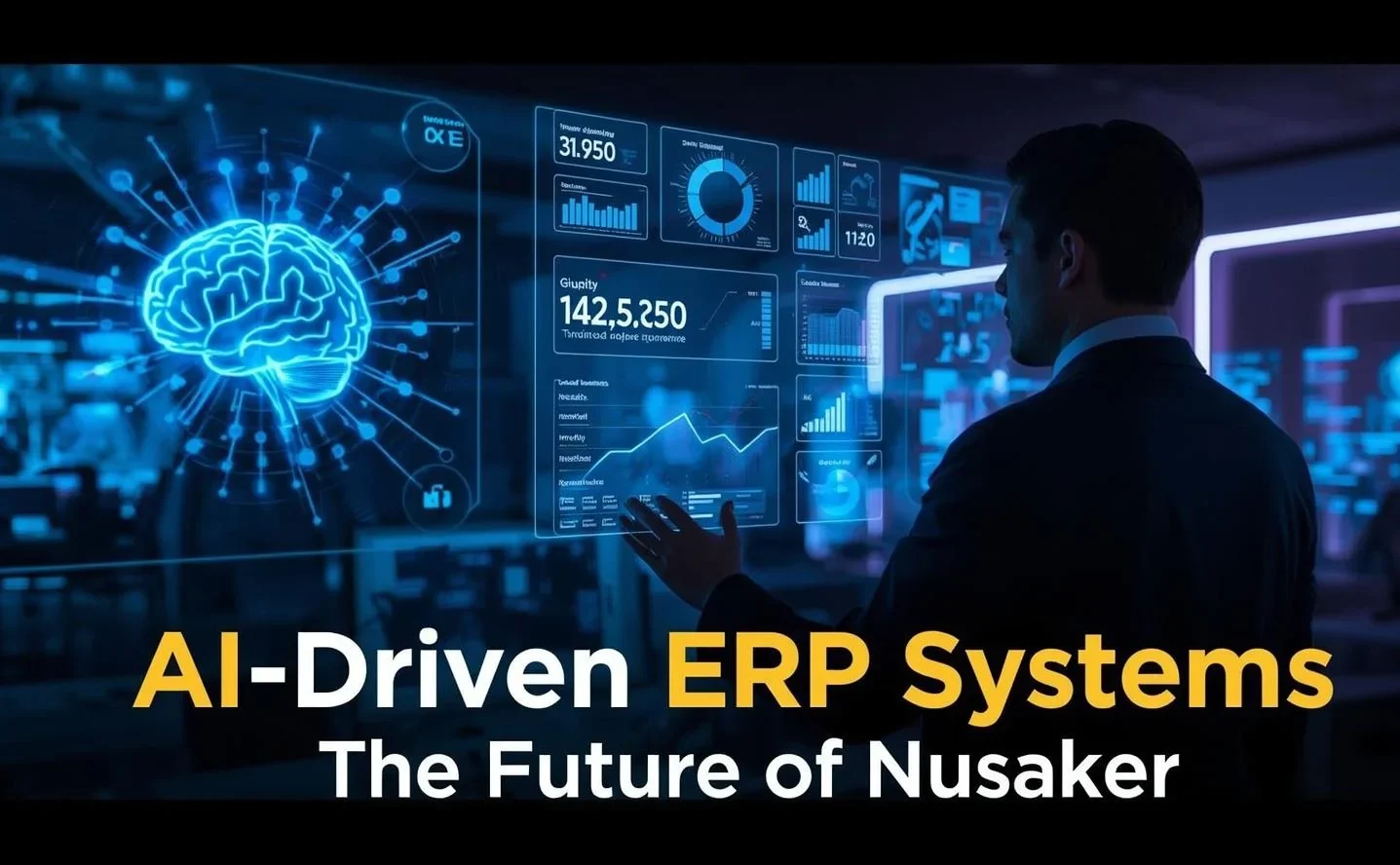 AI Driven ERP Systems Future of Nusaker showing a businessman using futuristic digital dashboards with AI brain graphics and data analytics.