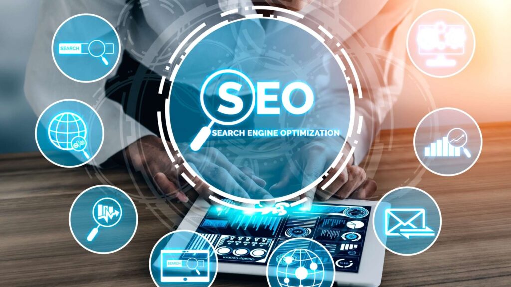 Top AI Tools for SEO illustrated through a digital dashboard showing search engine optimization analytics, keyword research icons, data graphs, and AI-powered SEO technology.