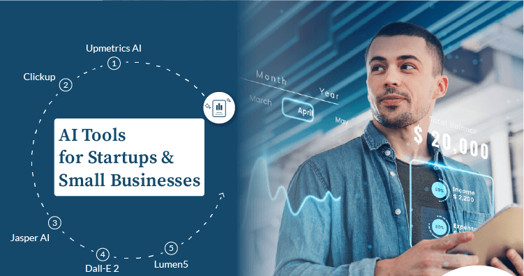 A business professional using digital analytics with an infographic showing AI tools for startups and small businesses, representing modern AI SEO tools for small business.