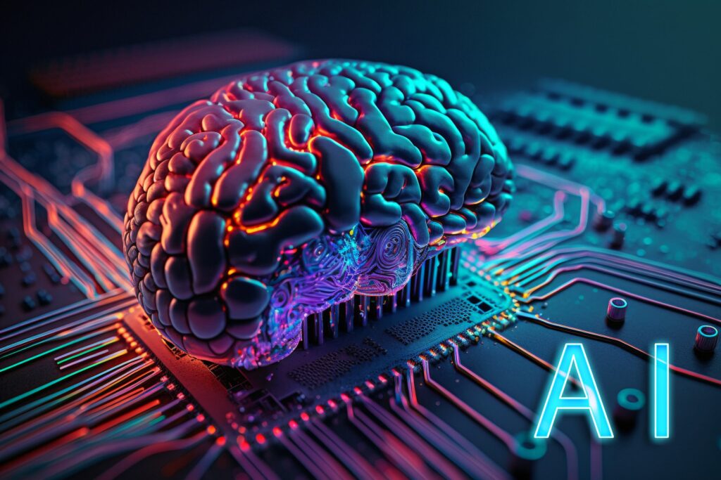 Artificial intelligence brain on a microchip glowing with neon lights, symbolizing advanced AI technology and machine learning