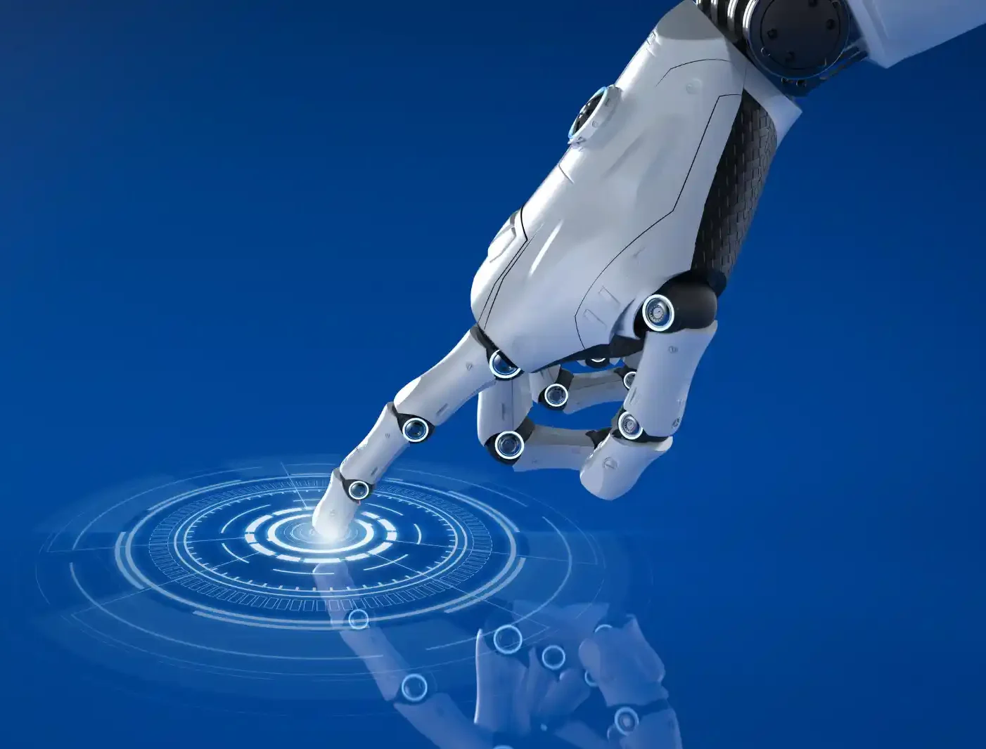 Robotic hand touching a futuristic digital holographic interface on a blue background