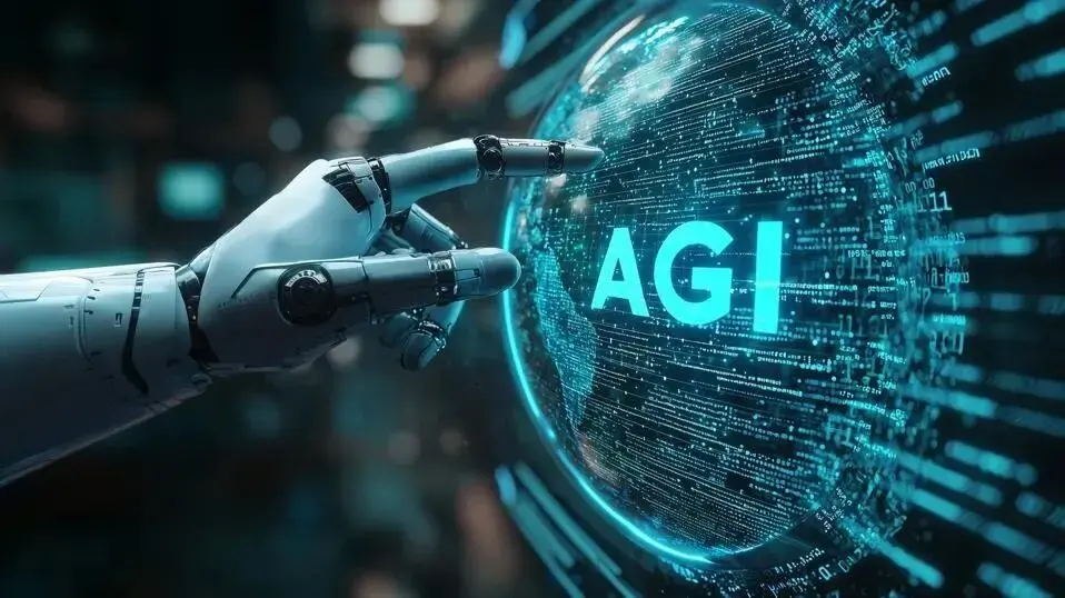 “What is AGI in AI concept illustrated with a robotic hand touching a digital globe displaying AGI technology”