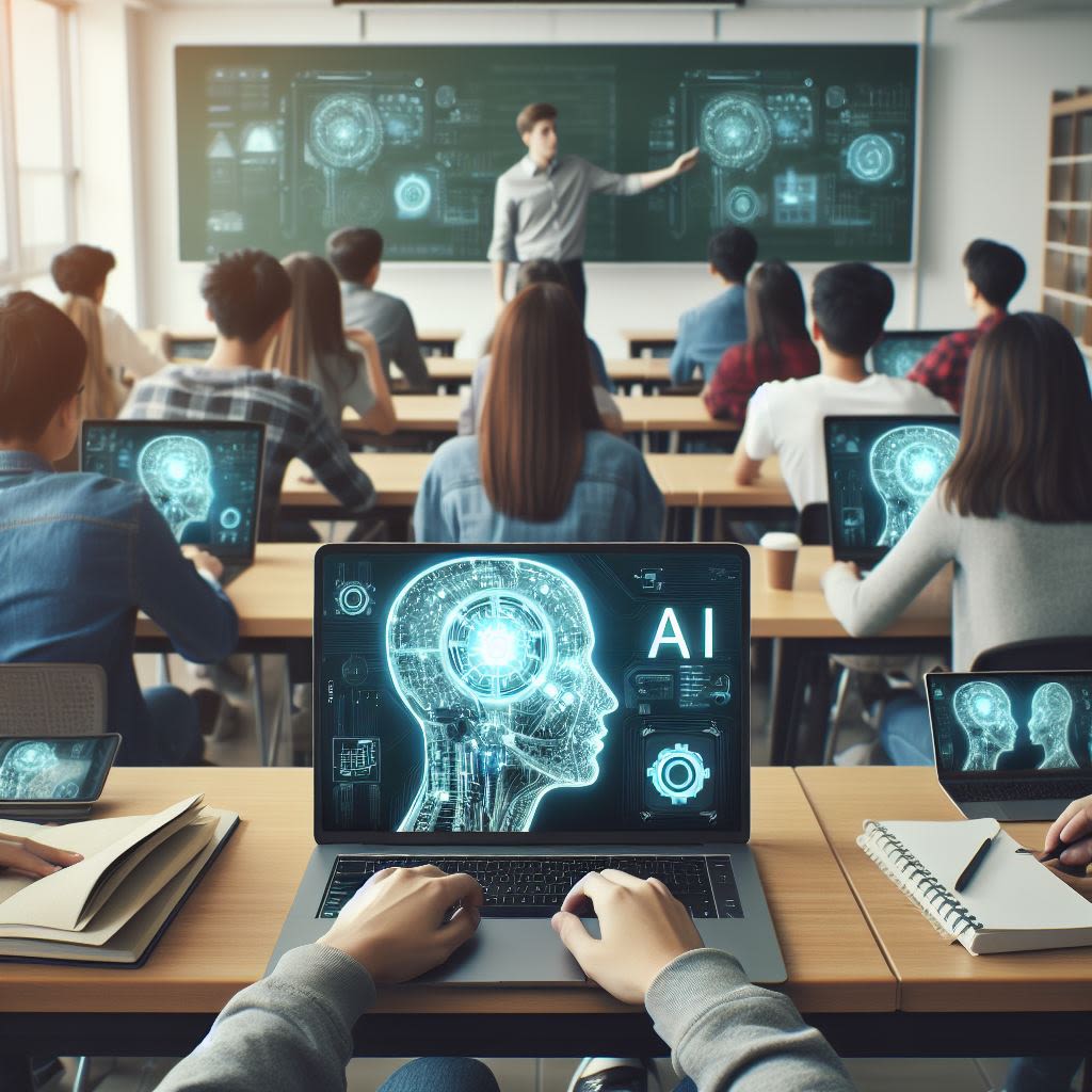 AI in Higher Education classroom showing students using artificial intelligence tools for smart learning and digital education