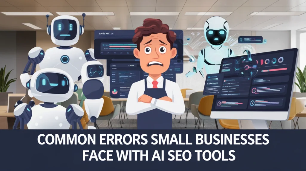 A worried small business owner surrounded by robots and AI dashboards, showing common errors small businesses face when using AI SEO tools.