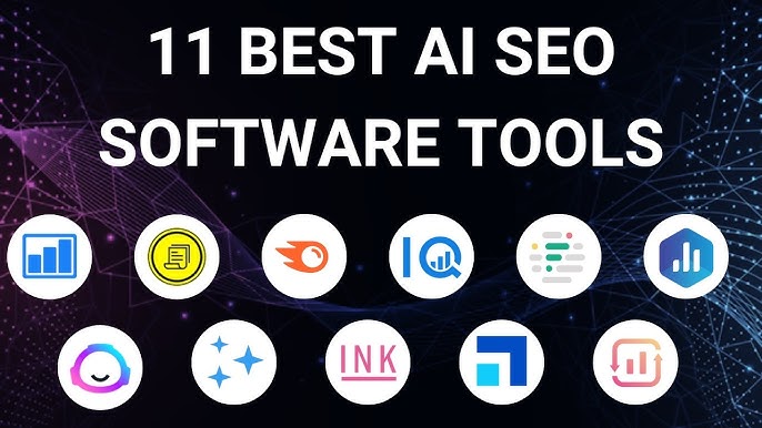 11 best AI SEO software tools icons displayed on a dark digital background, representing AI-powered keyword research, content optimization, analytics, and search engine optimization solutions.