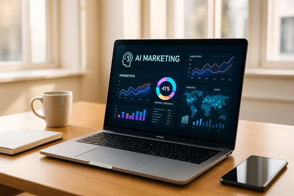 AI marketing tools with no restrictions showing analytics dashboard, growth metrics, and global marketing performance on a laptop screen