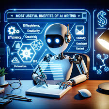 AI Writing Benefits illustrated by a smart AI robot writing content on a desk, showing efficiency, creativity, and content optimization through AI writing tools