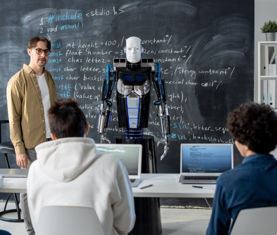 Pros and cons of AI in workplace and education shown through a humanoid robot teaching students in a modern classroom
