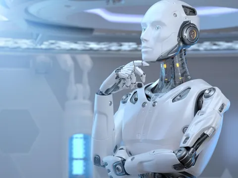 AGI robot meaning represented by a humanoid artificial general intelligence robot thinking and reasoning