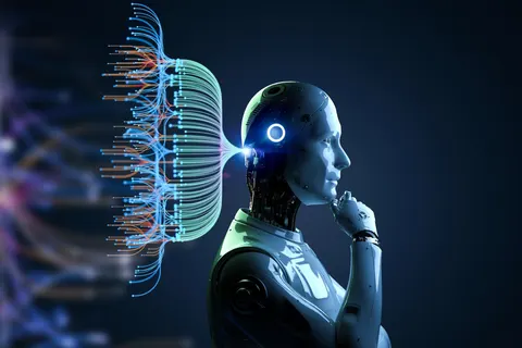 Artificial General Intelligence concept showing a humanoid AI robot with advanced neural network and human-like thinking abilities