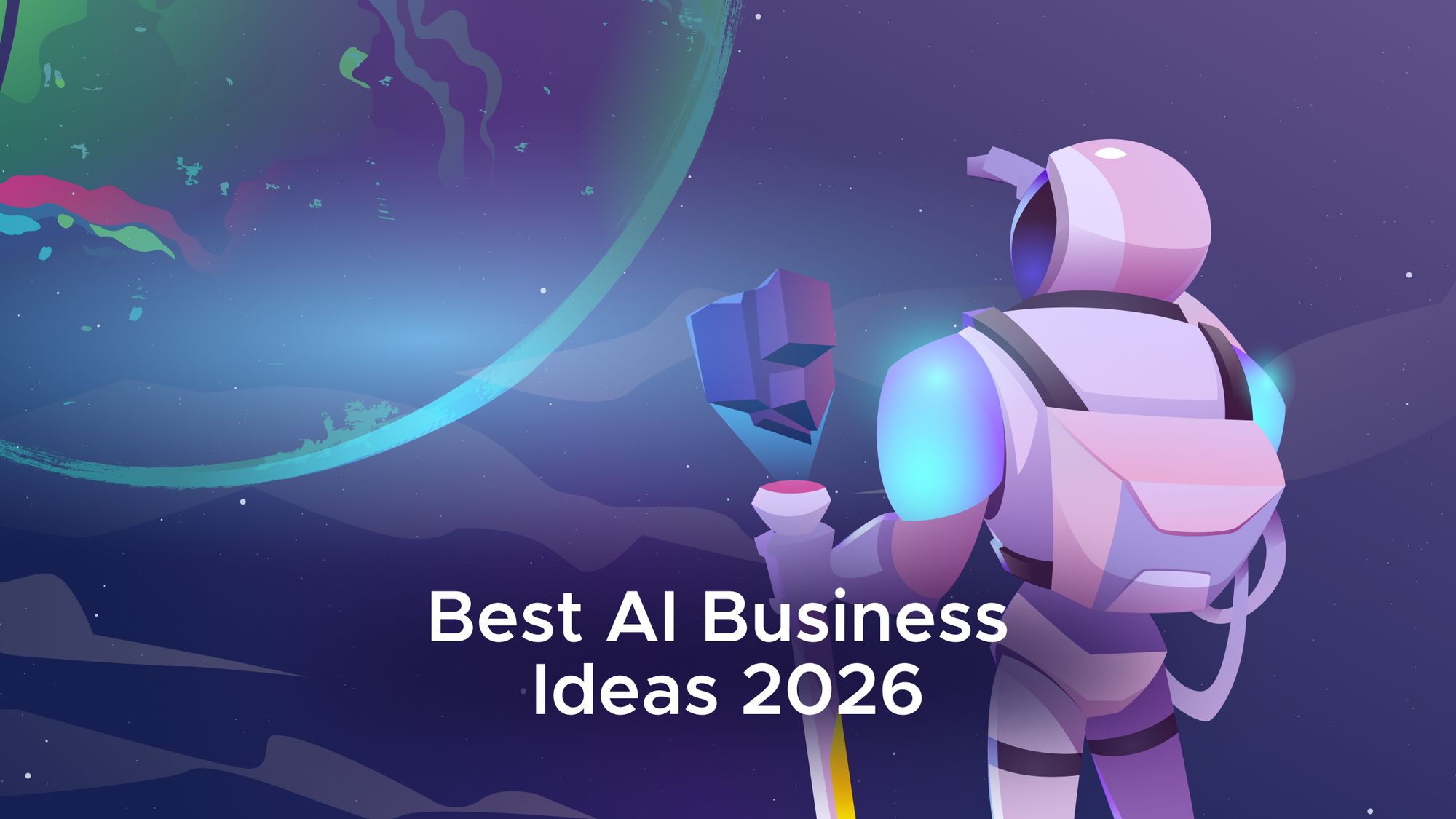 AI Business Ideas 2026 illustration showing futuristic artificial intelligence business opportunities