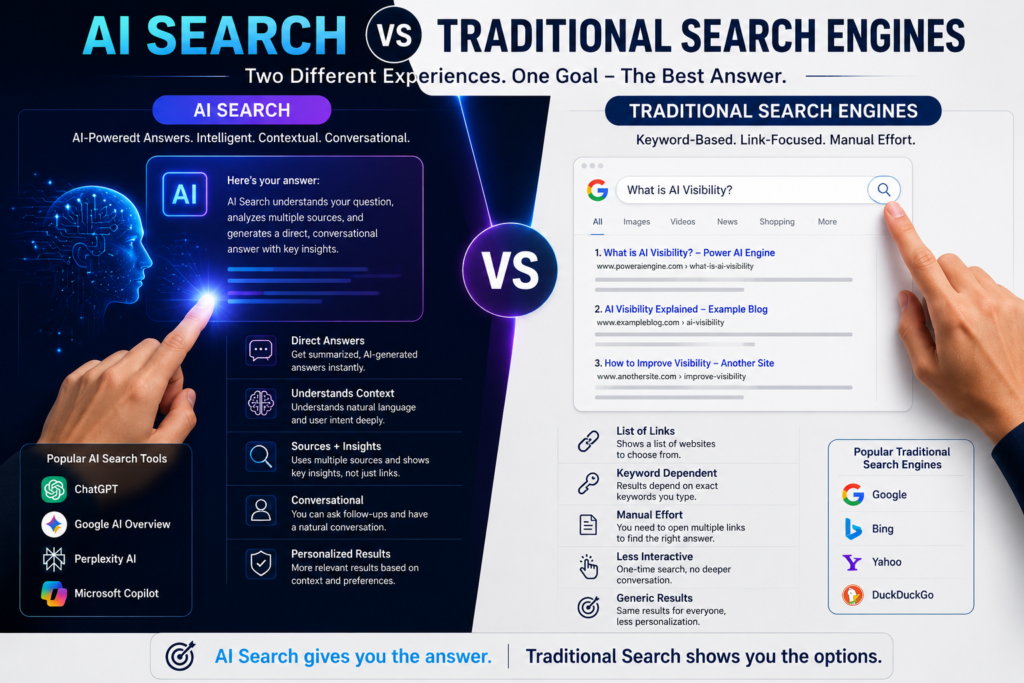 AI Search vs Traditional Search Engines comparison infographic showing how AI-powered search provides direct answers while traditional search engines display a list of web pages.
