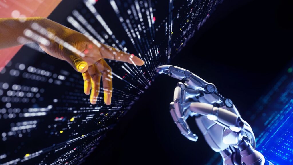 Artificial General Intelligence concept showing a human hand and a robotic hand connecting through advanced digital intelligence