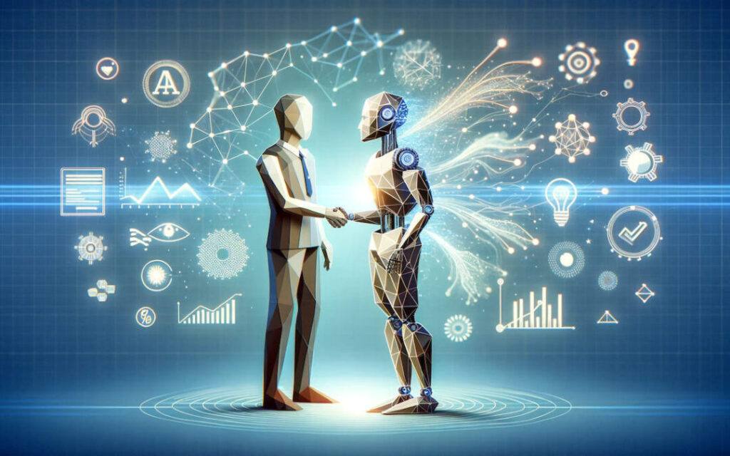 AI Marketing collaboration concept showing human and artificial intelligence working together to drive data-driven marketing strategies and business growth