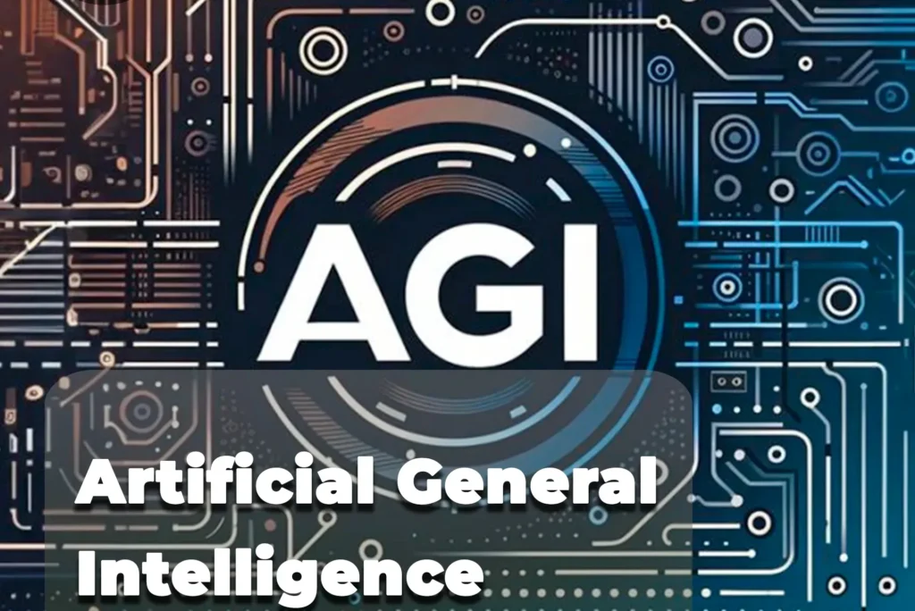 Artificial General Intelligence (AGI) concept illustrated with advanced digital circuits and intelligent system design