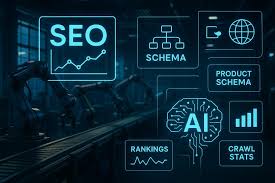 Best SEO for AI showing schema markup, rankings, crawl stats, and AI-powered search engine optimization systems
