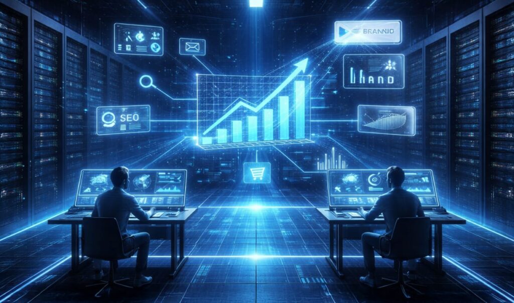 Best SEO for AI visibility showing data-driven growth, AI analytics dashboards, and search optimization systems in a digital environment