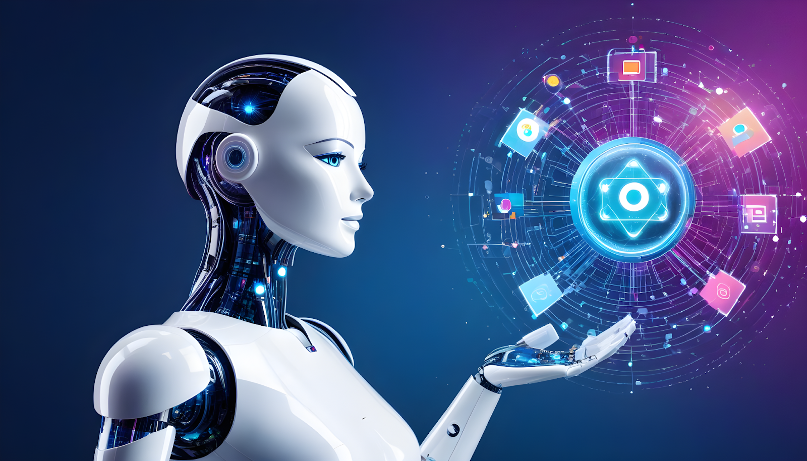 AI marketing concept showing artificial intelligence analyzing digital marketing data and automation tools