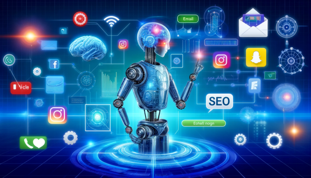 AI in digital marketing 2026 showing intelligent automation, SEO, social media, and data-driven marketing technologies