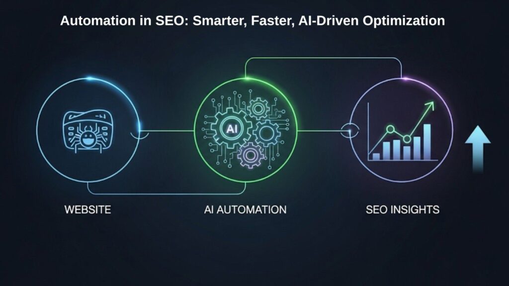 SEO automation services workflow showing website data processed through AI automation to generate actionable SEO insights and performance growth