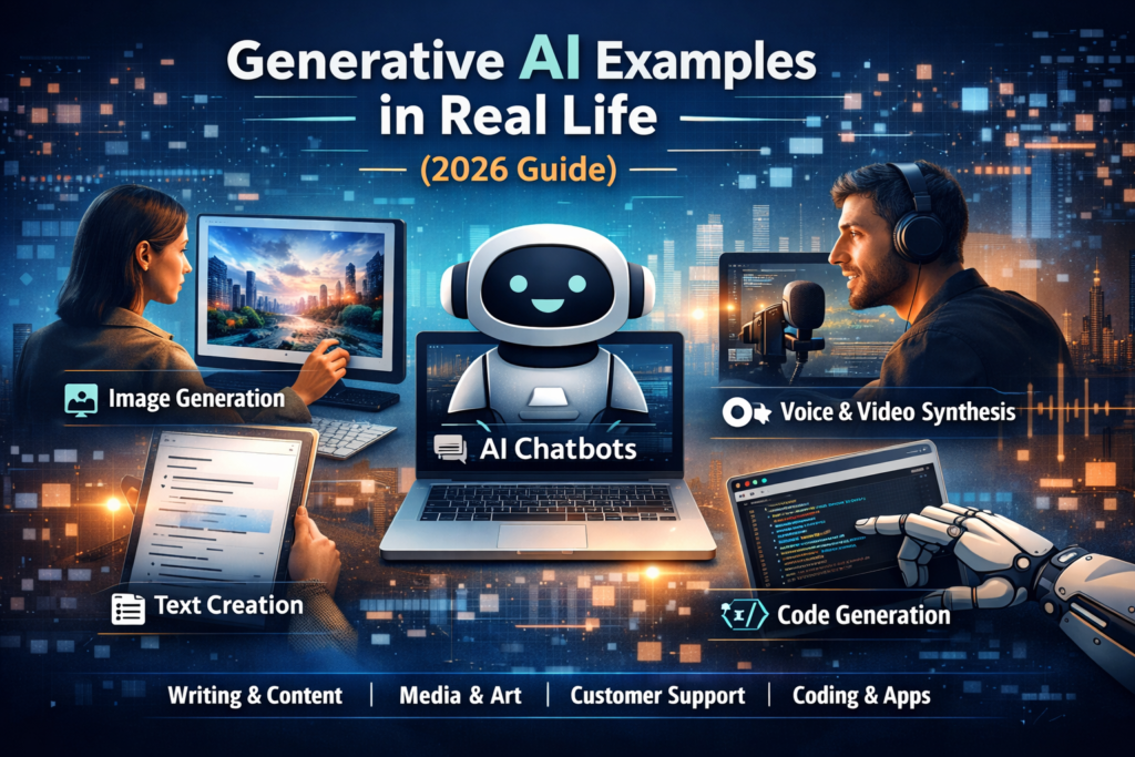 Generative AI Examples in Real Life: 2026 Explained showing image generation, AI chatbots, text creation, voice and video synthesis, and code generation in real-world applications