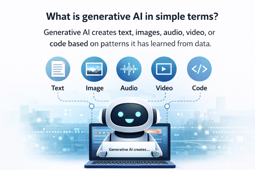 What is Generative AI in Simple Terms showing how generative AI creates text, images, audio, video, and code using artificial intelligence