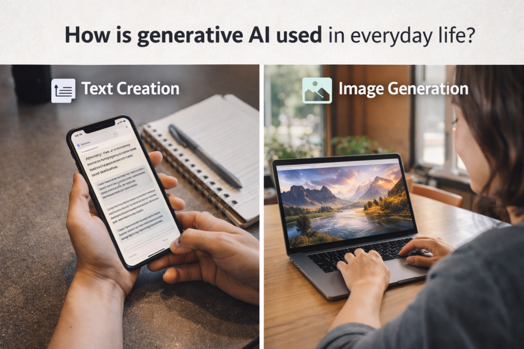 How is Generative AI Used in Everyday Life showing text creation on a smartphone and image generation on a laptop using generative AI tools