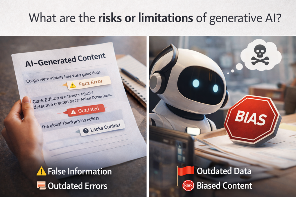Risks and Limitations of Generative AI showing false information, outdated data, factual errors, and biased AI-generated content
