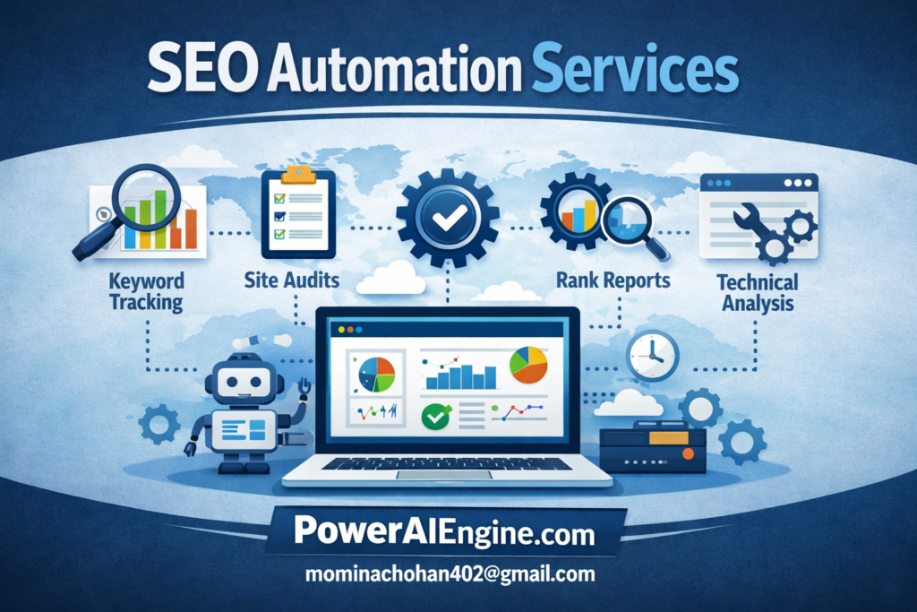 SEO automation services illustration showing automated keyword tracking, site audits, rank reports, and technical analysis dashboard for PowerAIEngine.com